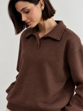 Brown Melange Fleece Collar Button Sweatshirt-SASSAFRAS