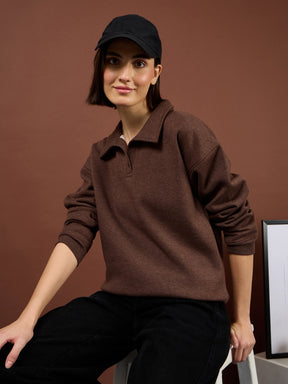 Brown Melange Fleece Collar Button Sweatshirt-SASSAFRAS