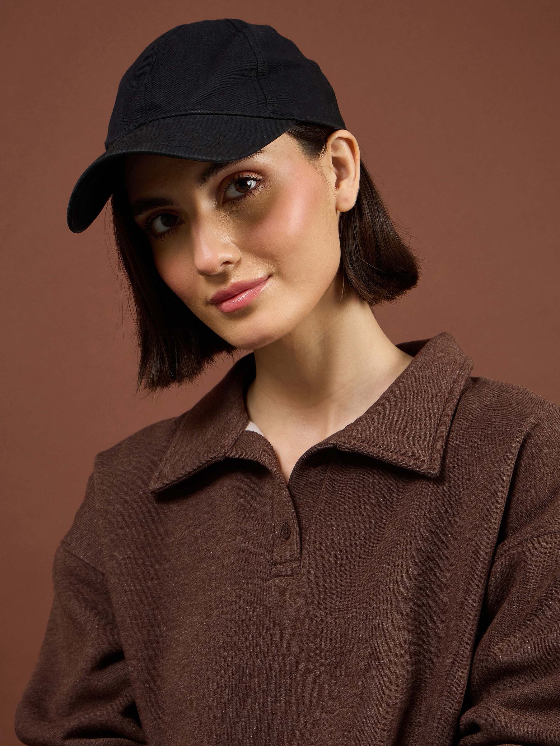 Brown Melange Fleece Collar Button Sweatshirt-SASSAFRAS