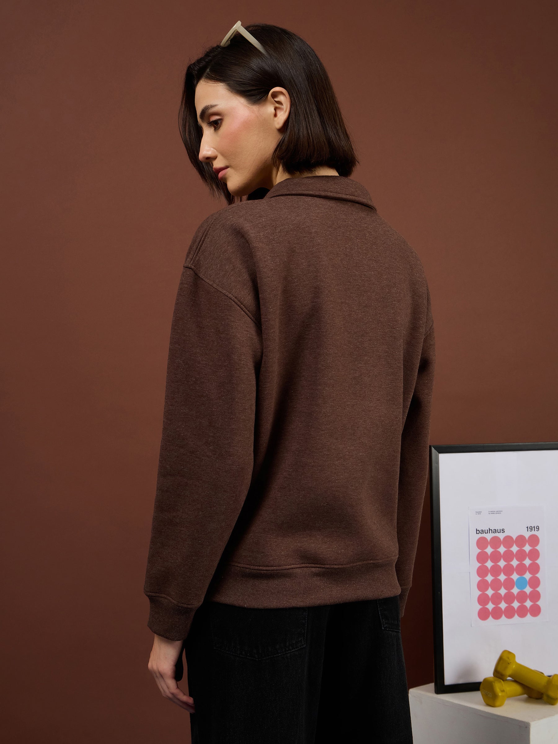 Brown Melange Fleece Collar Button Sweatshirt-SASSAFRAS