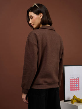 Brown Melange Fleece Collar Button Sweatshirt-SASSAFRAS