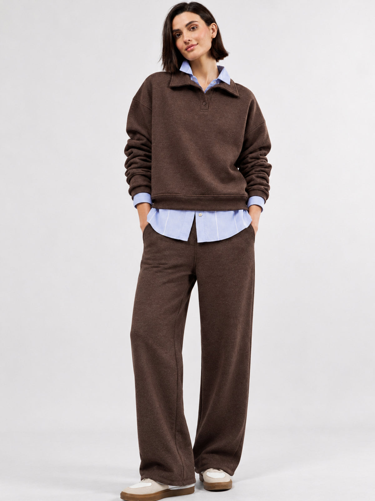 Brown Melange Fleece Sweatshirt With Track Pants-SASSAFRAS
