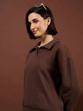 Brown Melange Fleece Sweatshirt With Track Pants-SASSAFRAS