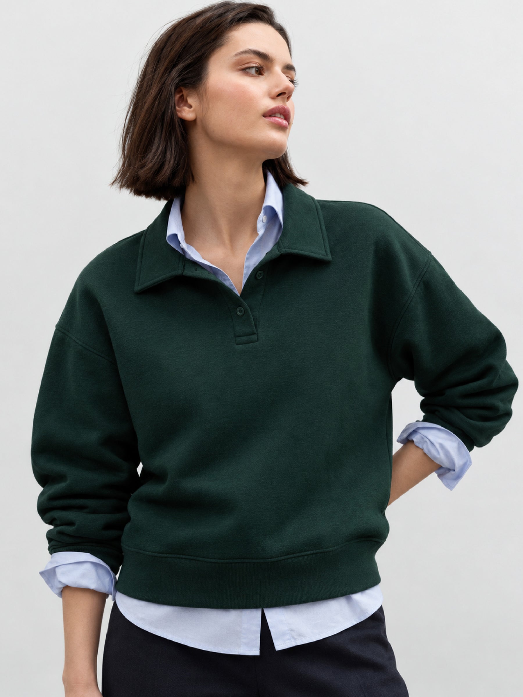 Emerald Green Fleece Collar Button Sweatshirt-SASSAFRAS