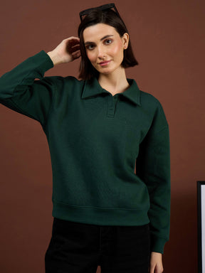 Emerald Green Fleece Collar Button Sweatshirt-SASSAFRAS