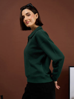 Emerald Green Fleece Collar Button Sweatshirt-SASSAFRAS