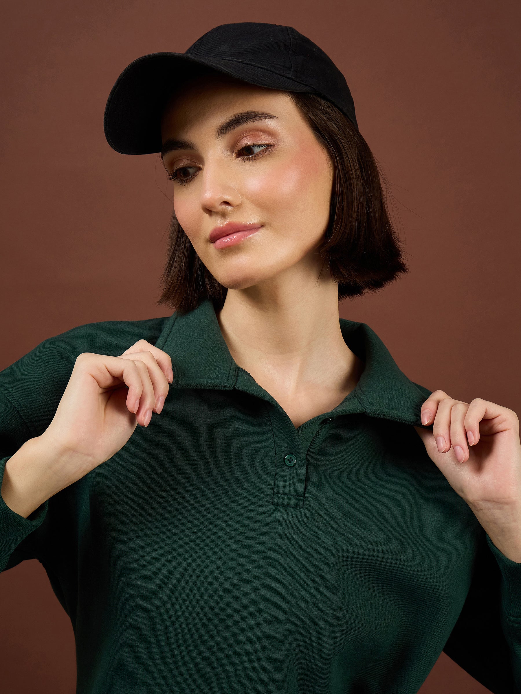 Emerald Green Fleece Collar Button Sweatshirt-SASSAFRAS