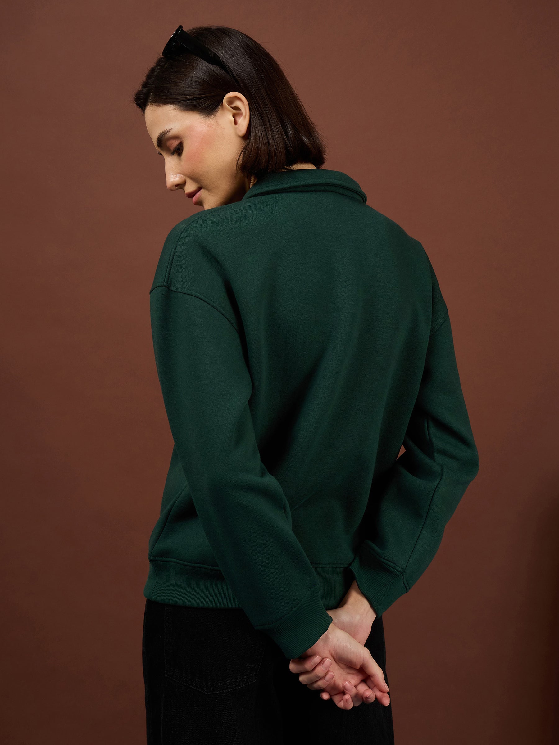 Emerald Green Fleece Collar Button Sweatshirt-SASSAFRAS