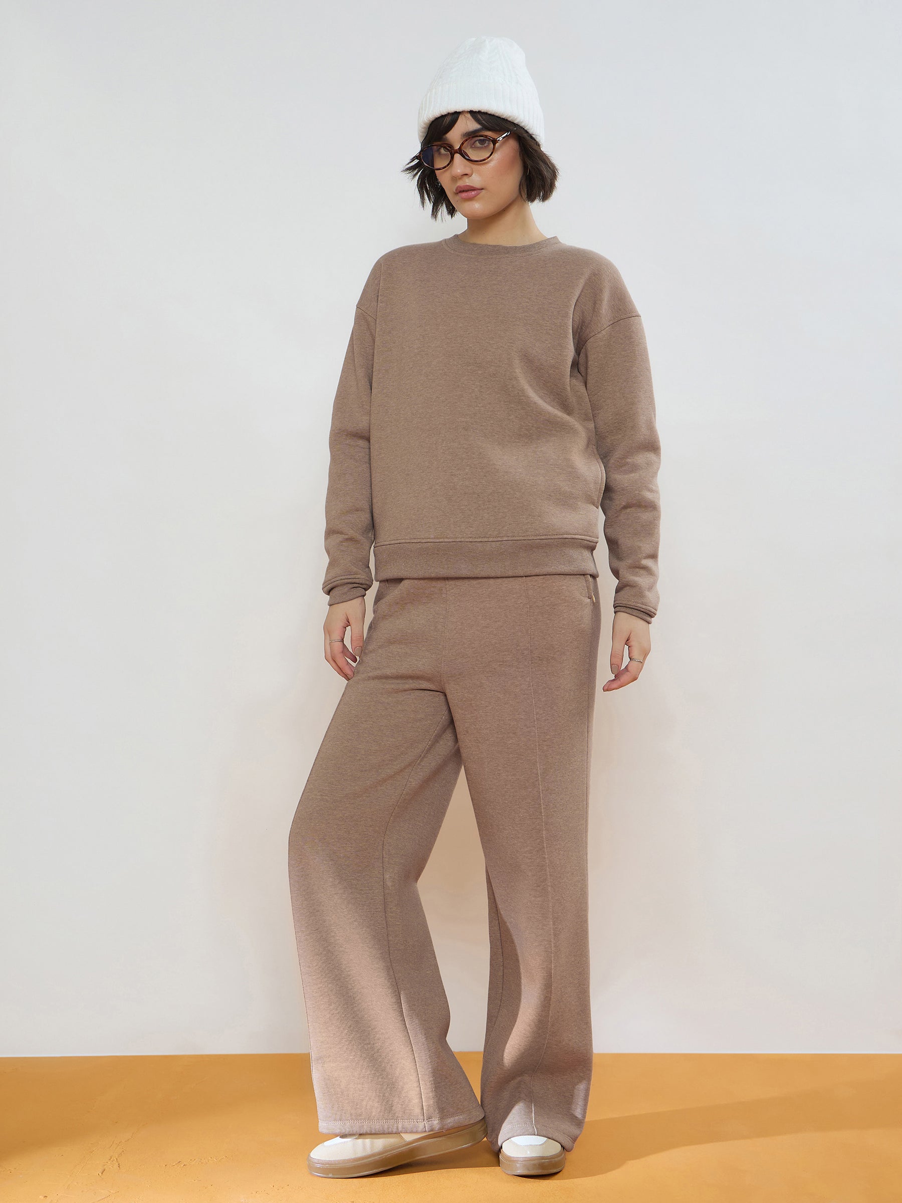 Beige Melange Fleece Side Pockets Oversized Sweatshirt-SASSAFRAS
