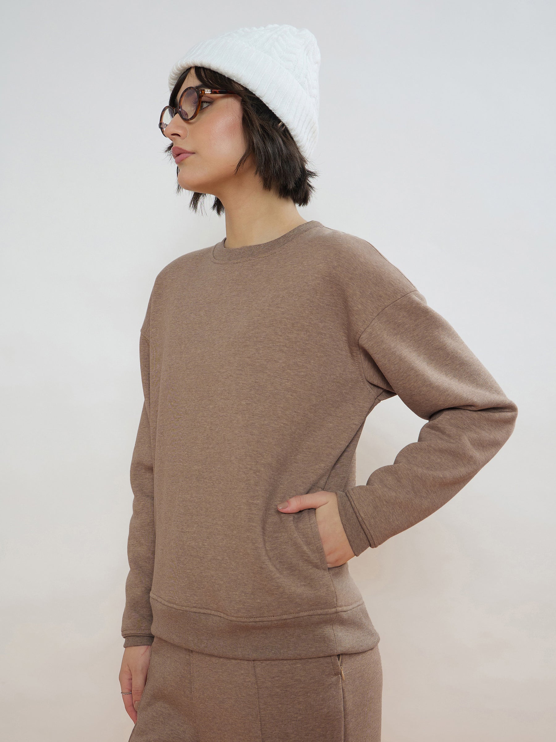 Beige Melange Fleece Side Pockets Oversized Sweatshirt-SASSAFRAS