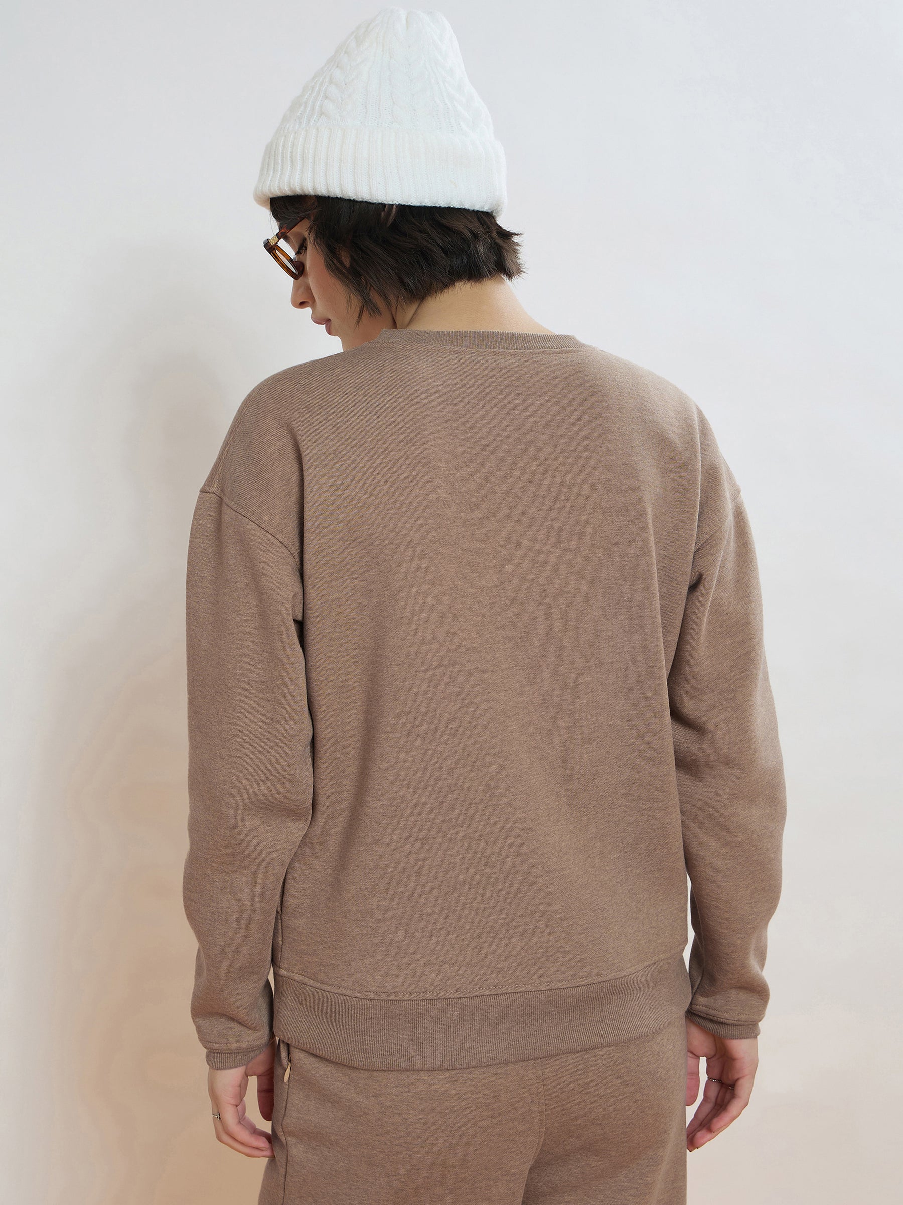 Beige Melange Fleece Side Pockets Oversized Sweatshirt-SASSAFRAS