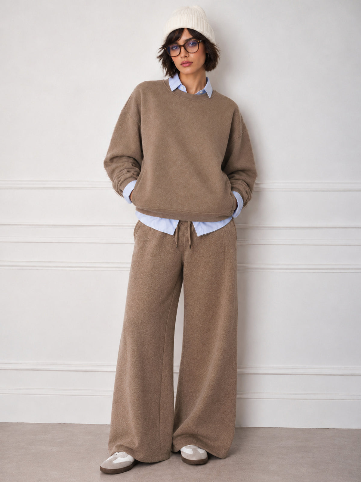 Beige Melange Fleece Oversized Sweatshirt With Track Pants-SASSAFRAS