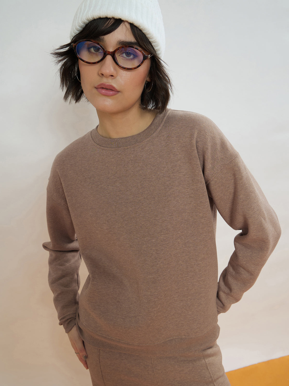 Beige Melange Fleece Oversized Sweatshirt With Track Pants-SASSAFRAS