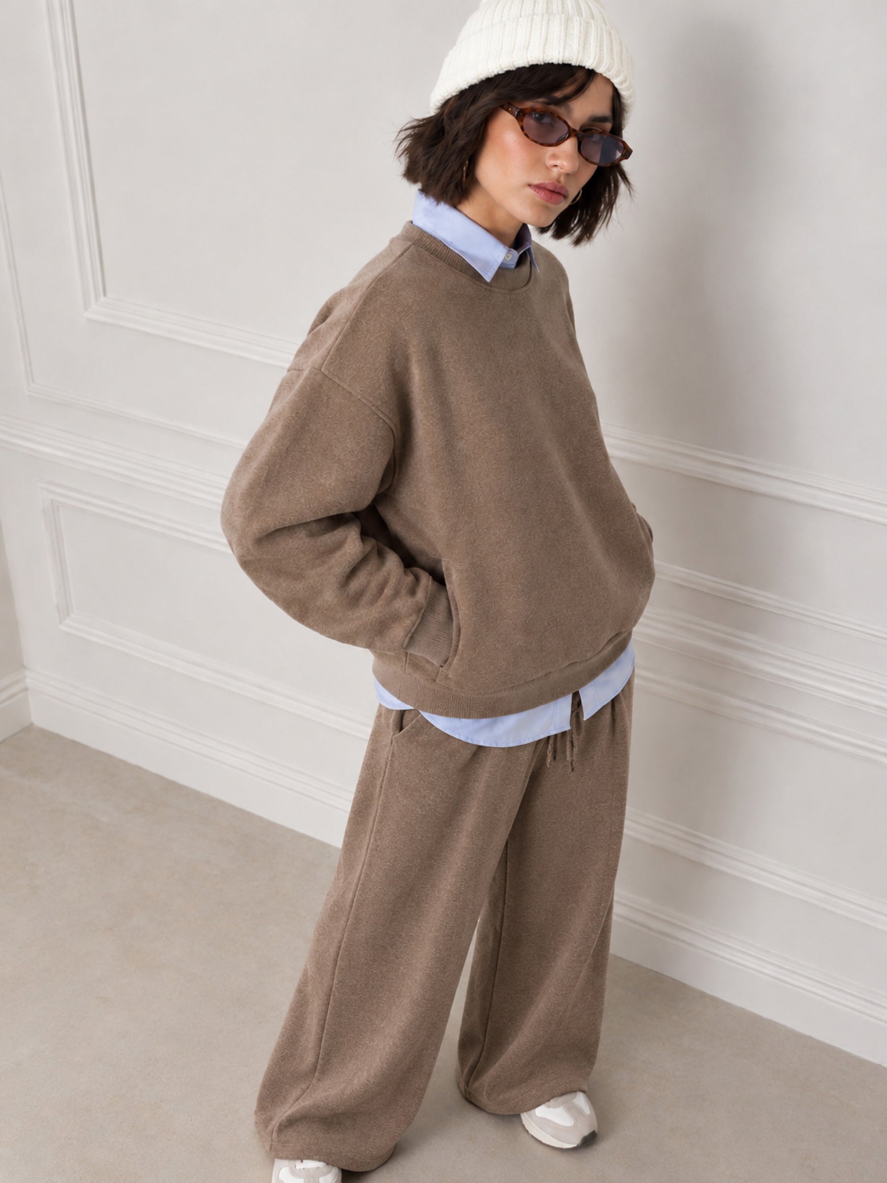 Beige Melange Fleece Oversized Sweatshirt With Track Pants-SASSAFRAS