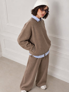 Beige Melange Fleece Oversized Sweatshirt With Track Pants-SASSAFRAS