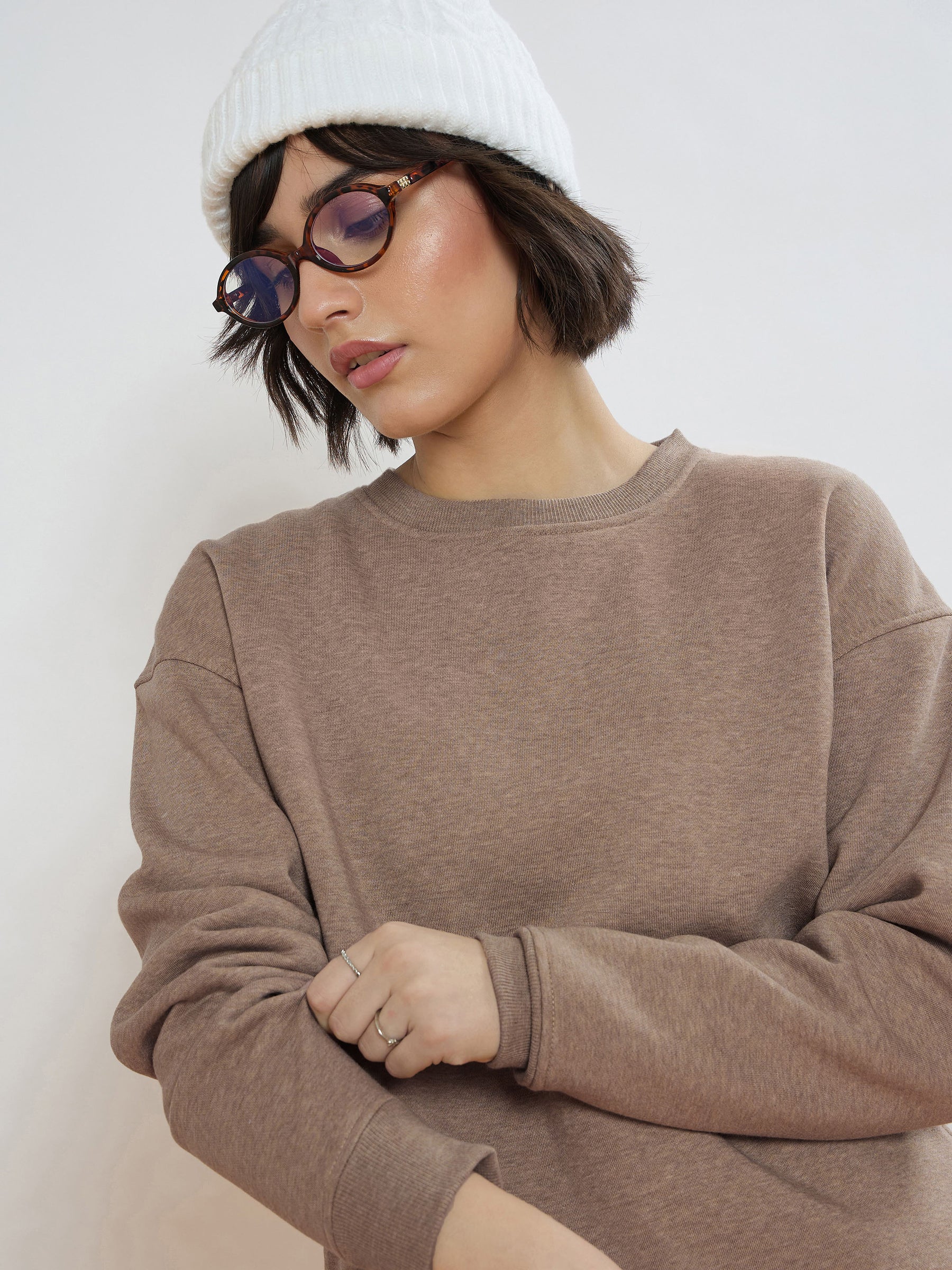 Beige Melange Fleece Oversized Sweatshirt With Track Pants-SASSAFRAS