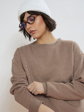Beige Melange Fleece Oversized Sweatshirt With Track Pants-SASSAFRAS