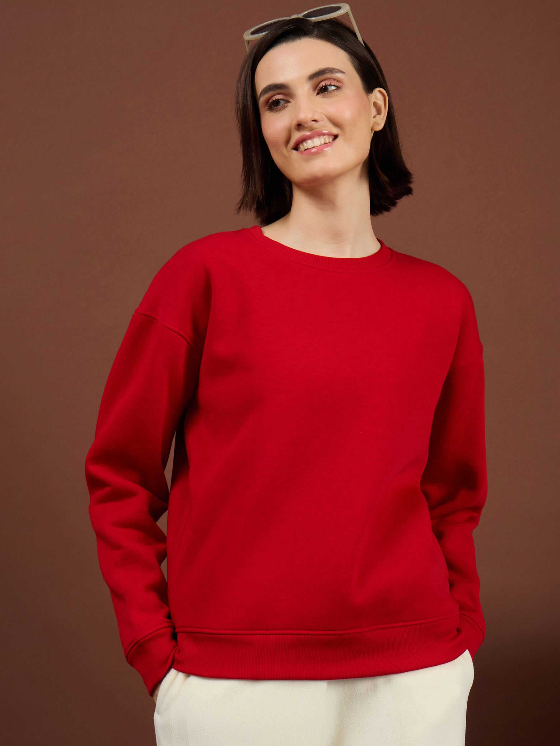 Red Fleece Side Pockets Oversized Sweatshirt-SASSAFRAS