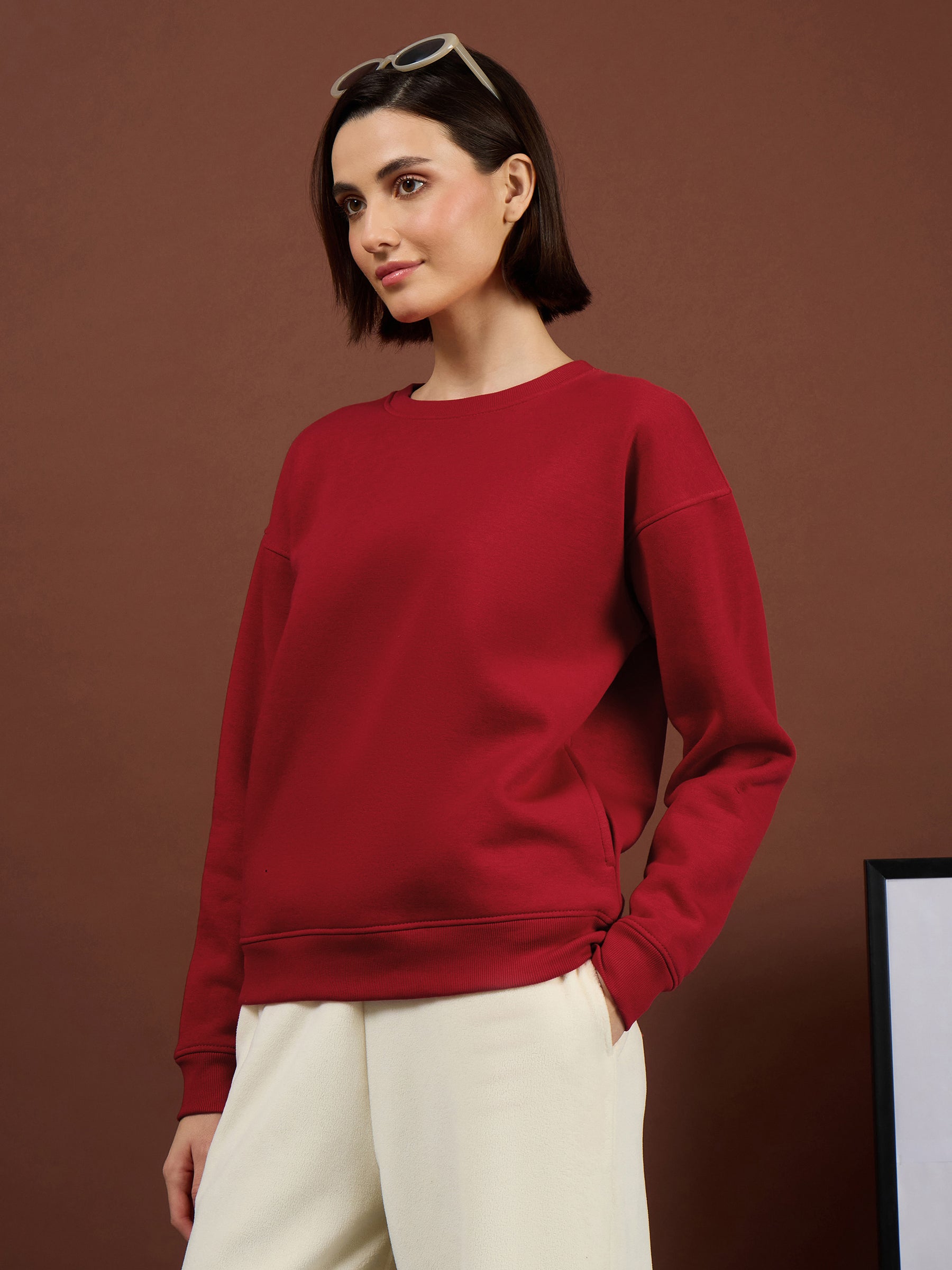 Red Fleece Side Pockets Oversized Sweatshirt-SASSAFRAS