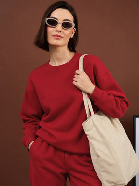 Red Fleece Side Pockets Oversized Sweatshirt With Track Pants-SASSAFRAS