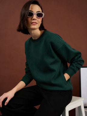 Emerald Green Fleece Side Pockets Oversized Sweatshirt-SASSAFRAS