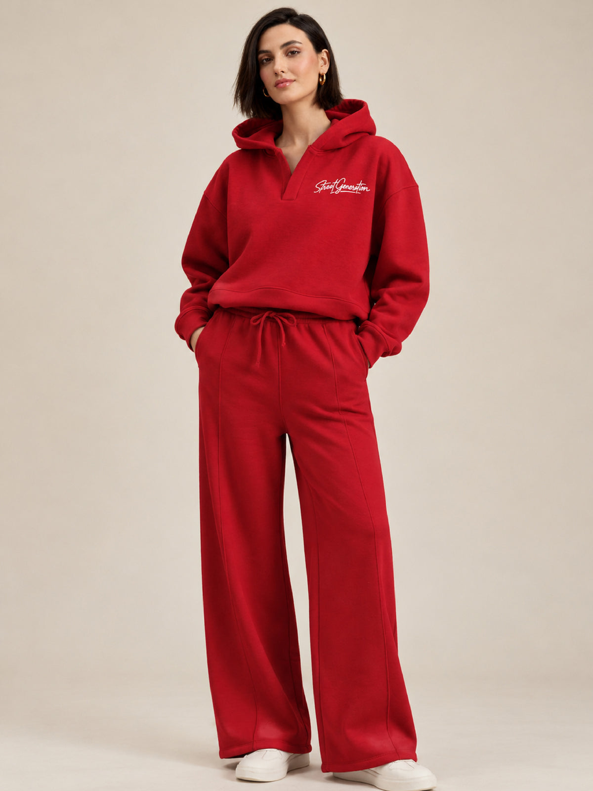 Red Fleece STREET GENERATION Hoodie With Track Pants-SASSAFRAS
