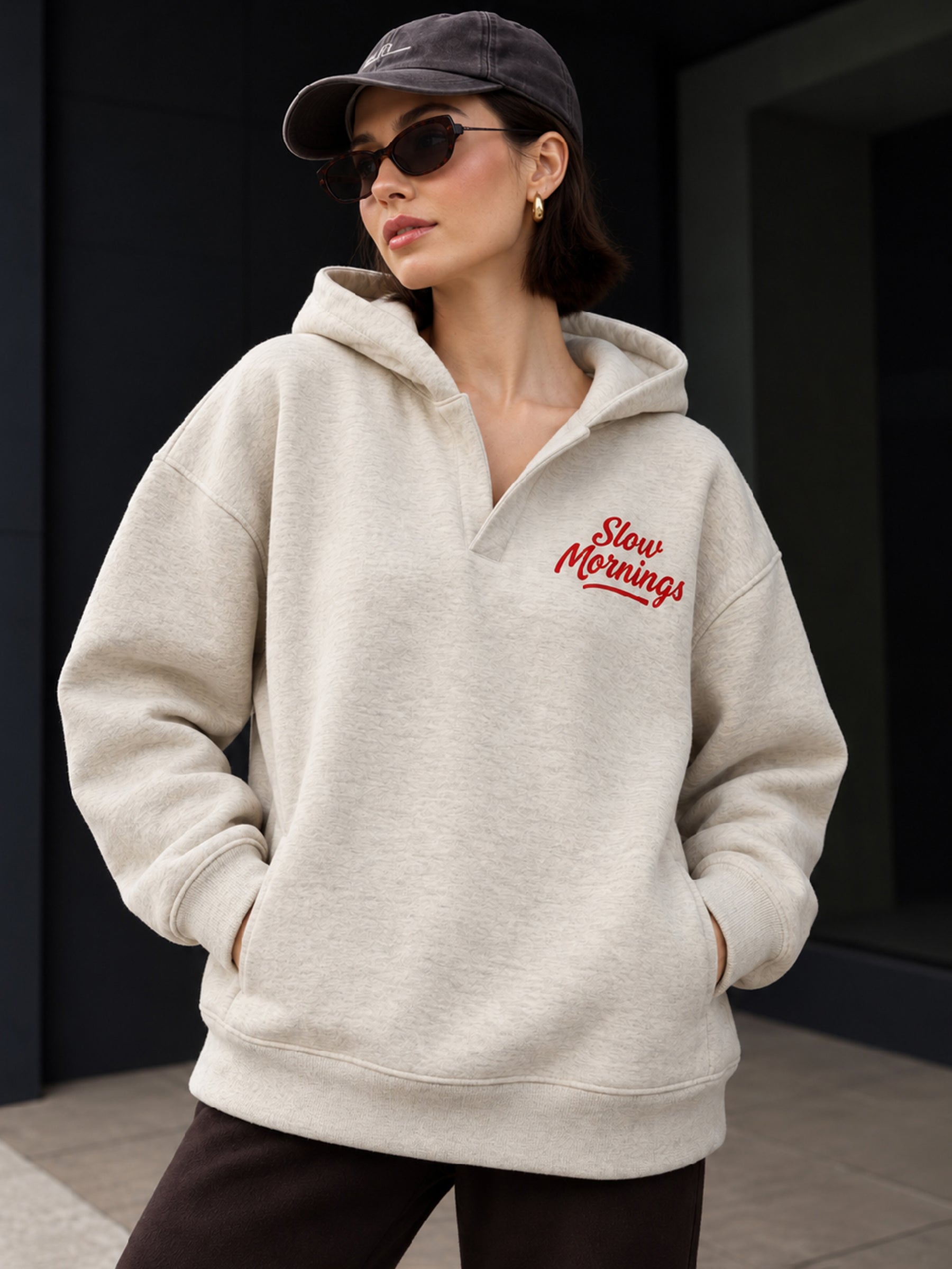 Off-White Melange Fleece SLOW MORNING Oversize Hoodie-SASSAFRAS