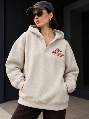 Off-White Melange Fleece SLOW MORNING Oversize Hoodie-SASSAFRAS
