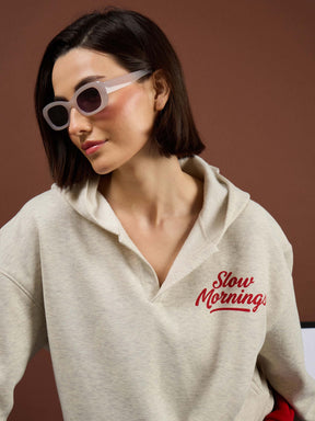 Off-White Melange Fleece SLOW MORNING Oversize Hoodie-SASSAFRAS