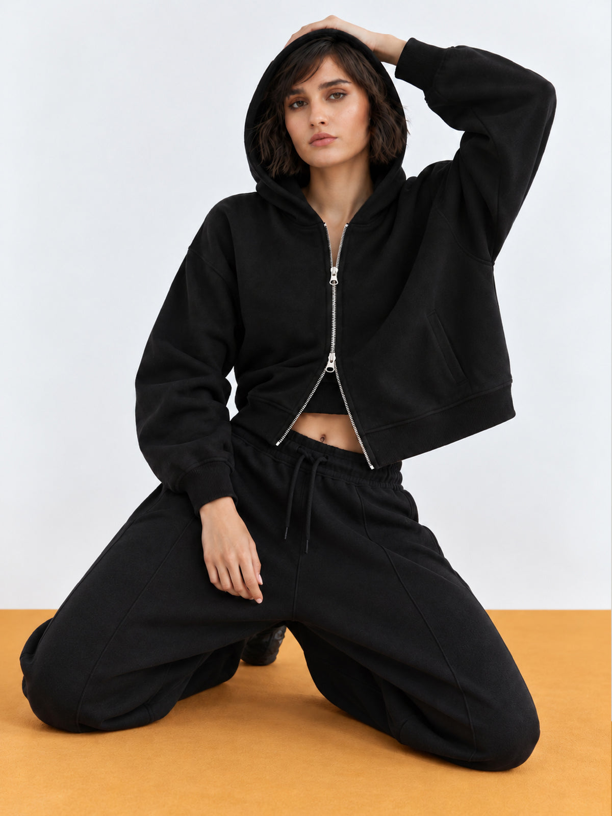 Black Fleece Double-Zipper Hoodie With Track Pants-SASSAFRAS