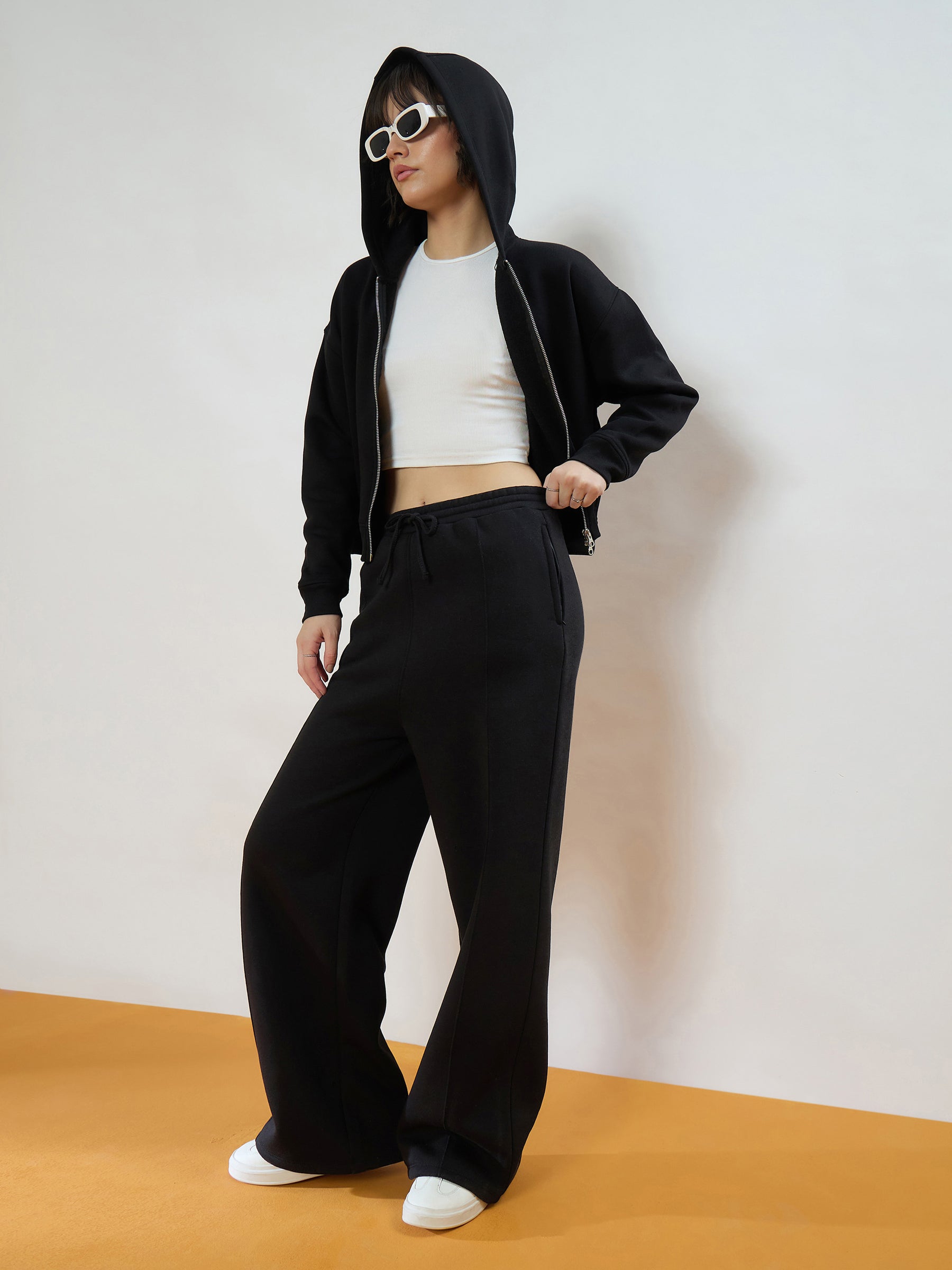 Black Fleece Double-Zipper Hoodie With Track Pants-SASSAFRAS