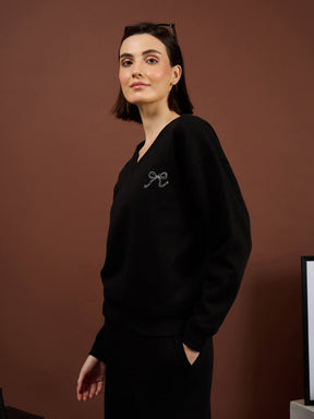 Black Fleece BOW Print Oversize Sweatshirt With Track Pants-SASSAFRAS