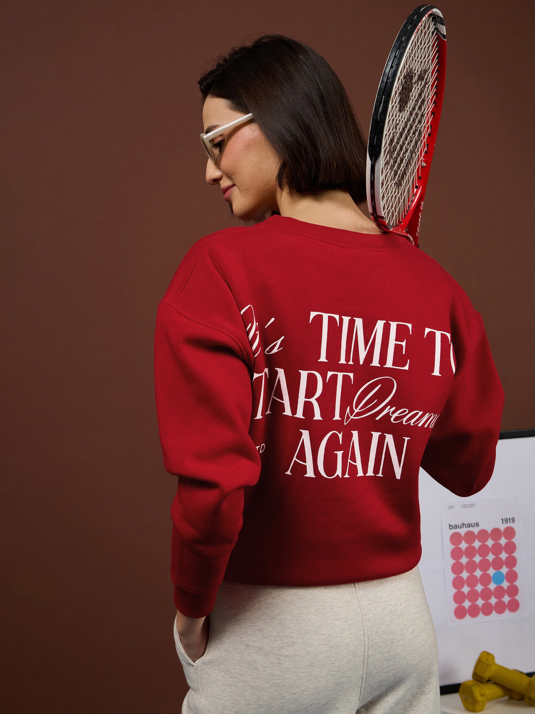 Red Fleece Back Typography Oversize Sweatshirt -SASSAFRAS