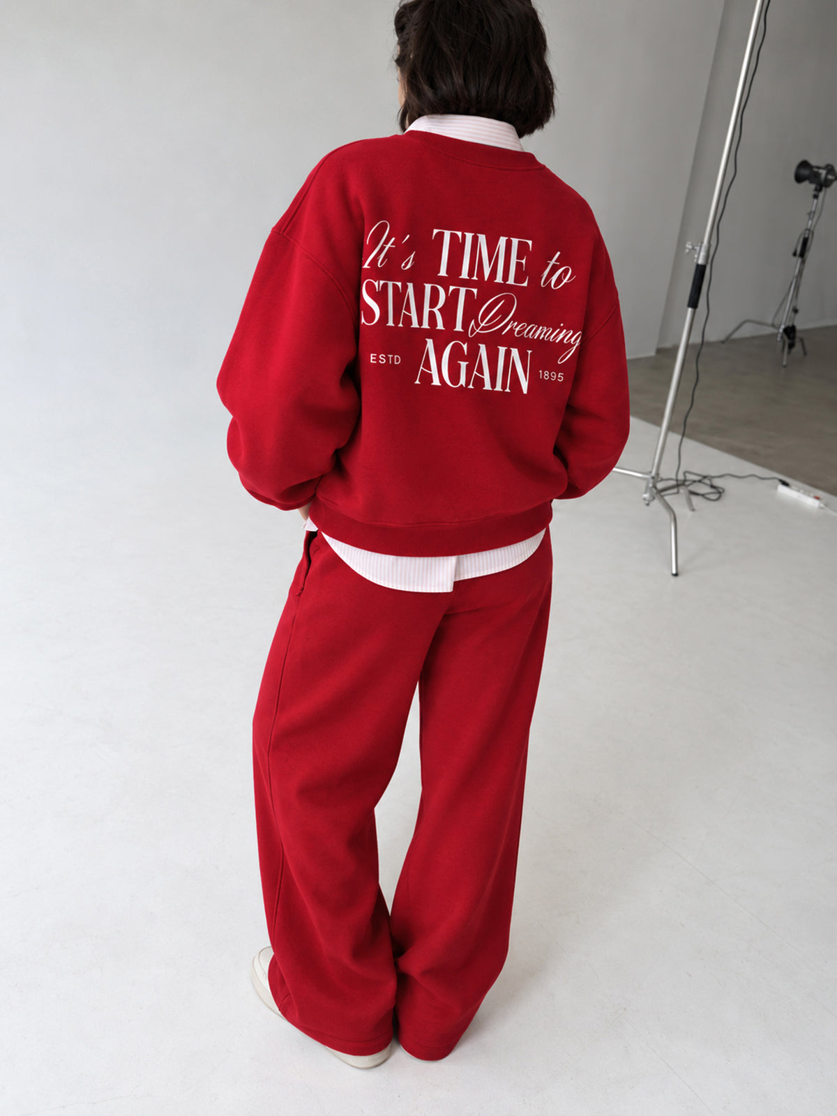Red Fleece Back Typography Oversize Sweatshirt With Track Pants-SASSAFRAS