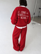 Red Fleece Back Typography Oversize Sweatshirt With Track Pants-SASSAFRAS