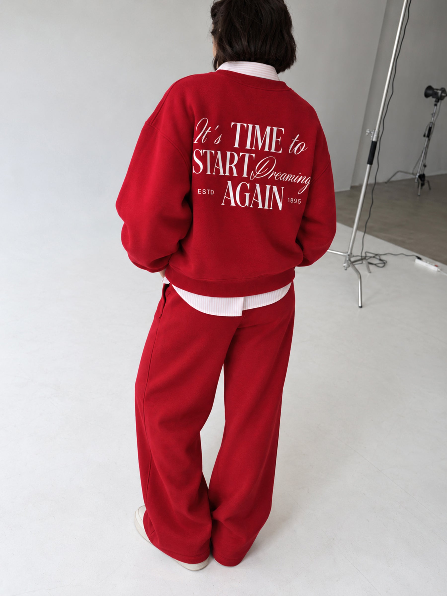 Red Fleece Back Typography Oversize Sweatshirt With Track Pants-SASSAFRAS