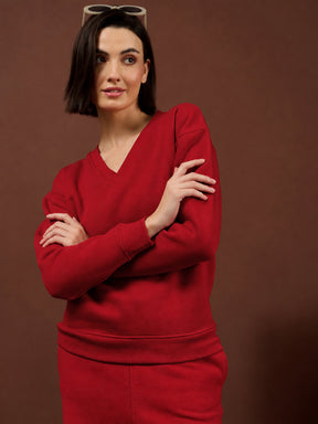 Red Fleece Back Typography Oversize Sweatshirt With Track Pants-SASSAFRAS