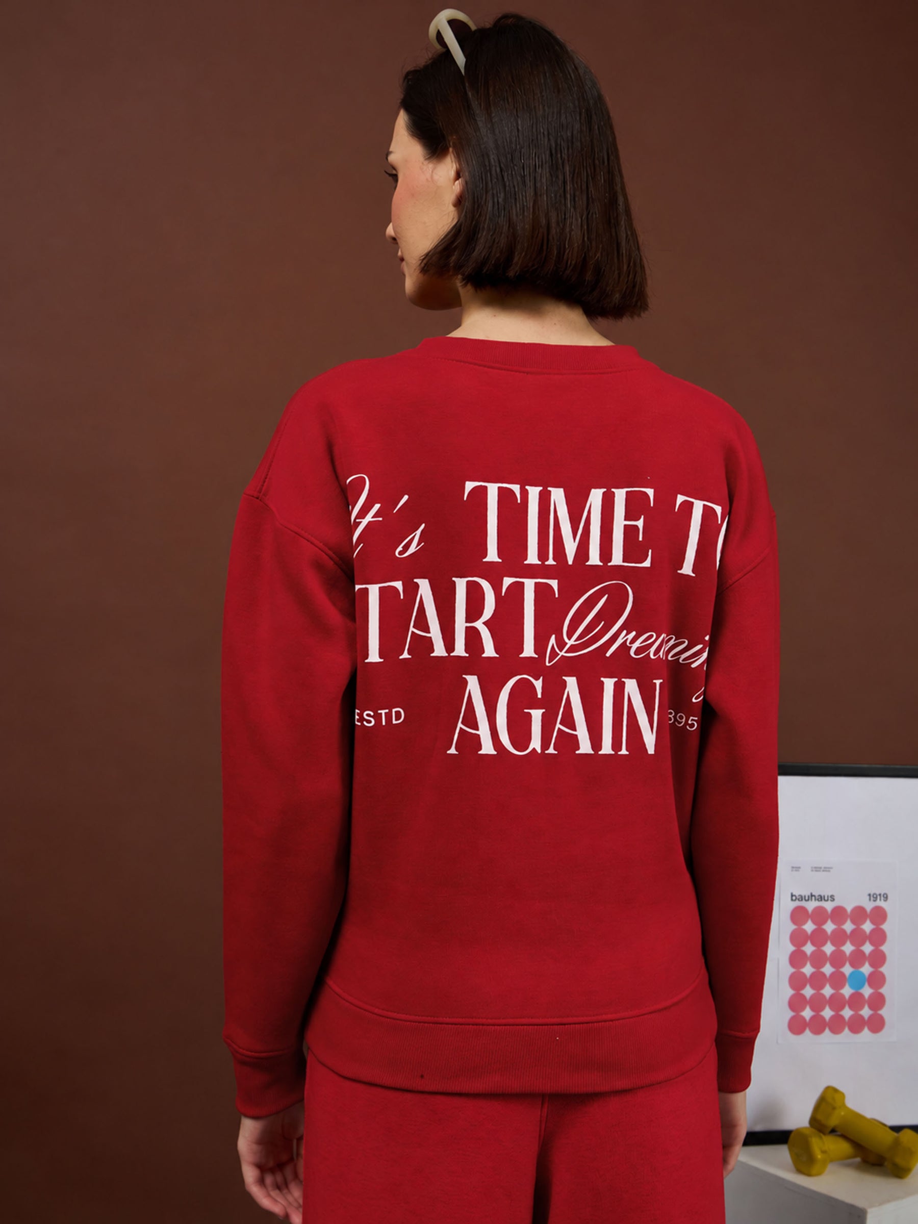 Red Fleece Back Typography Oversize Sweatshirt With Track Pants-SASSAFRAS