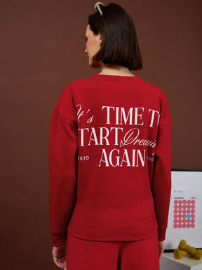 Red Fleece Back Typography Oversize Sweatshirt With Track Pants-SASSAFRAS