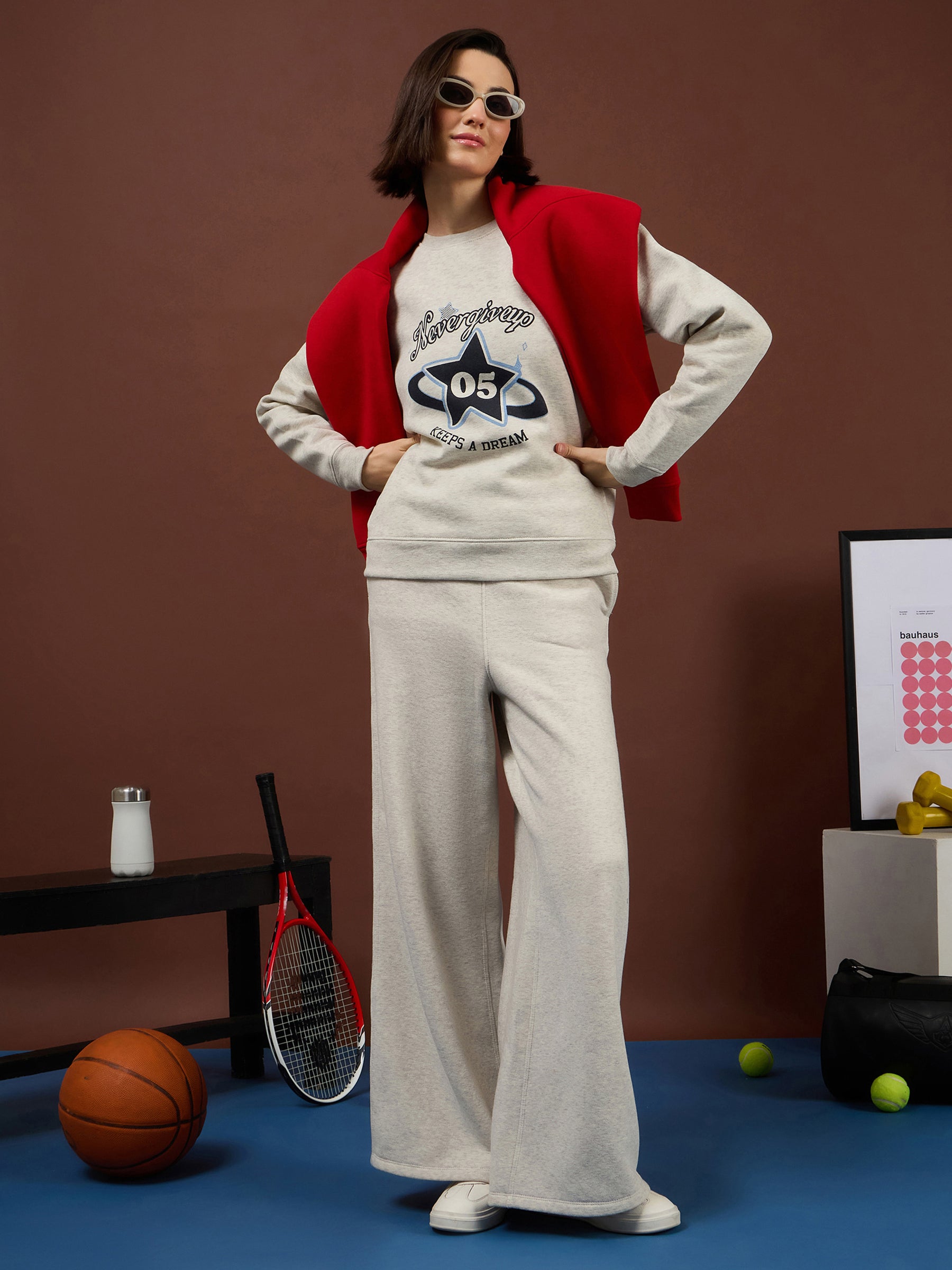 Off-White Melange Fleece NEVER Give-up Oversize Sweatshirt -SASSAFRAS