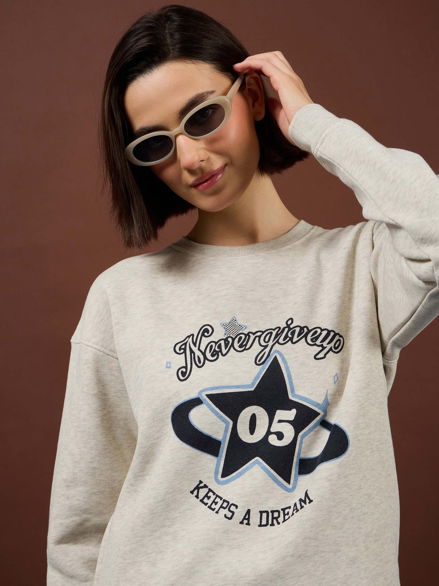 Off-White Melange Fleece NEVER Give-up Oversize Sweatshirt -SASSAFRAS