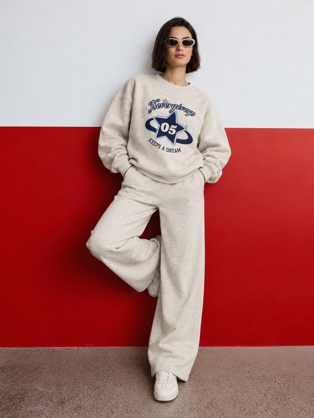 Off-White Melange Fleece NEVER Give-up Oversize Sweatshirt With Track Pants-SASSAFRAS