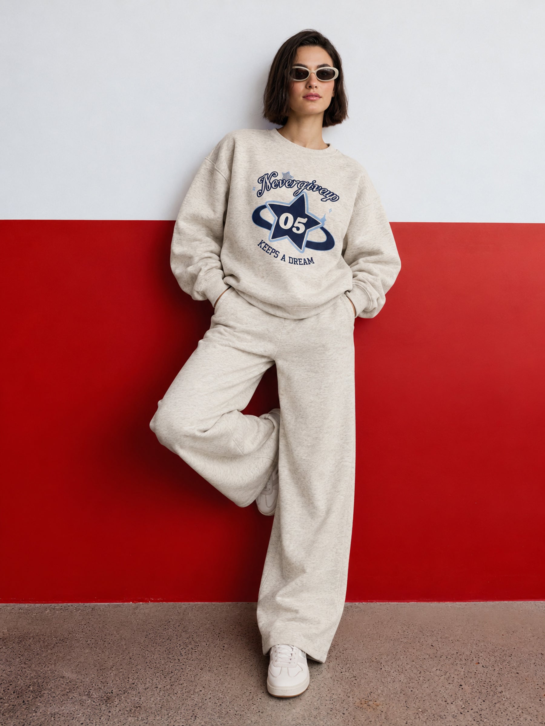 Off-White Melange Fleece NEVER Give-up Oversize Sweatshirt With Track Pants-SASSAFRAS