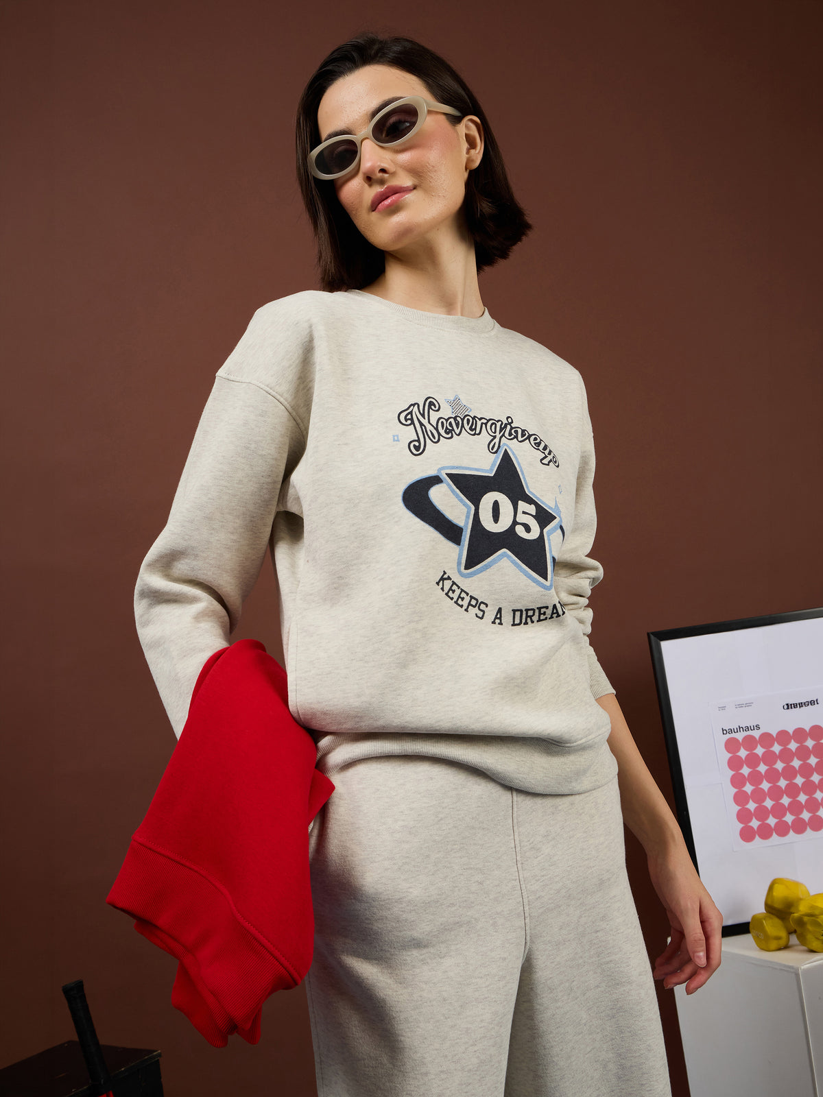 Off-White Melange Fleece NEVER Give-up Oversize Sweatshirt With Track Pants-SASSAFRAS