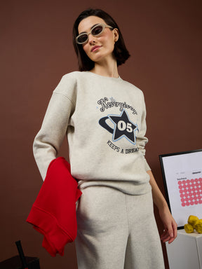 Off-White Melange Fleece NEVER Give-up Oversize Sweatshirt With Track Pants-SASSAFRAS