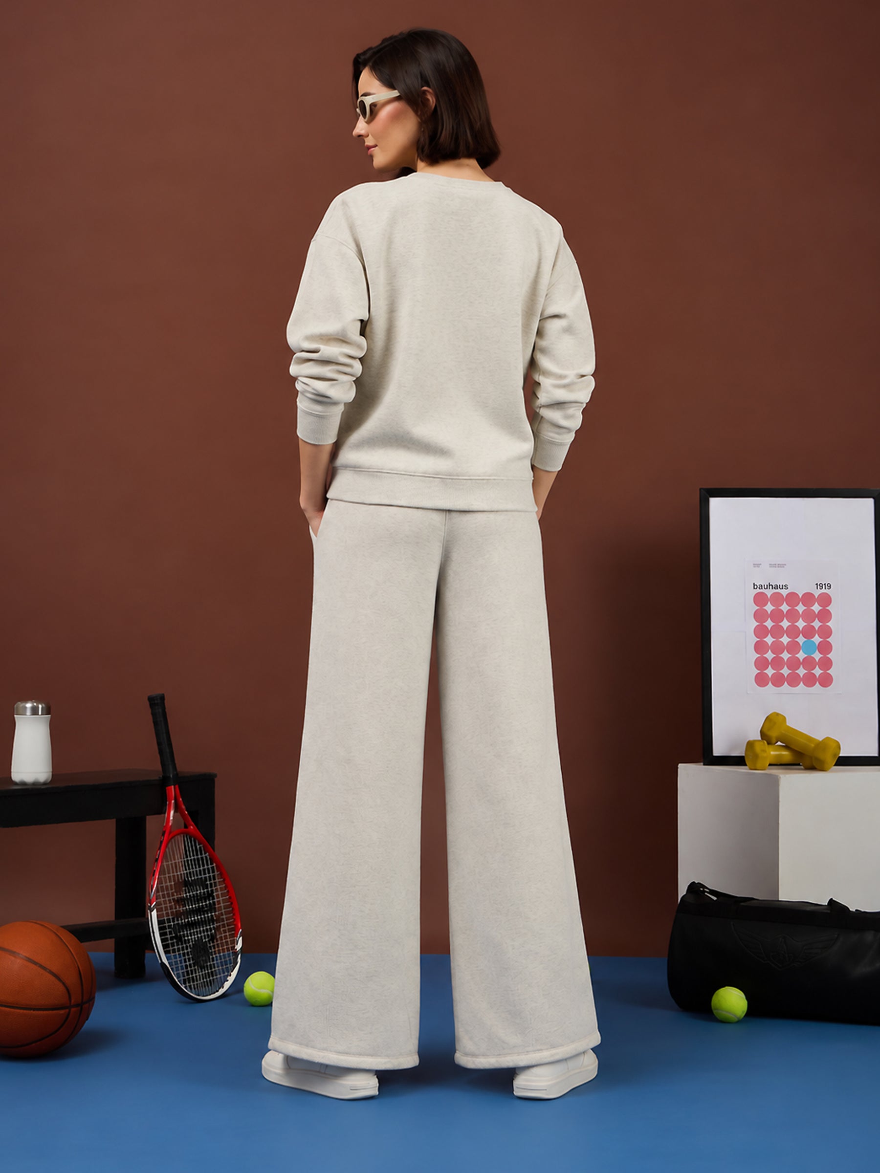 Off-White Melange Fleece NEVER Give-up Oversize Sweatshirt With Track Pants-SASSAFRAS