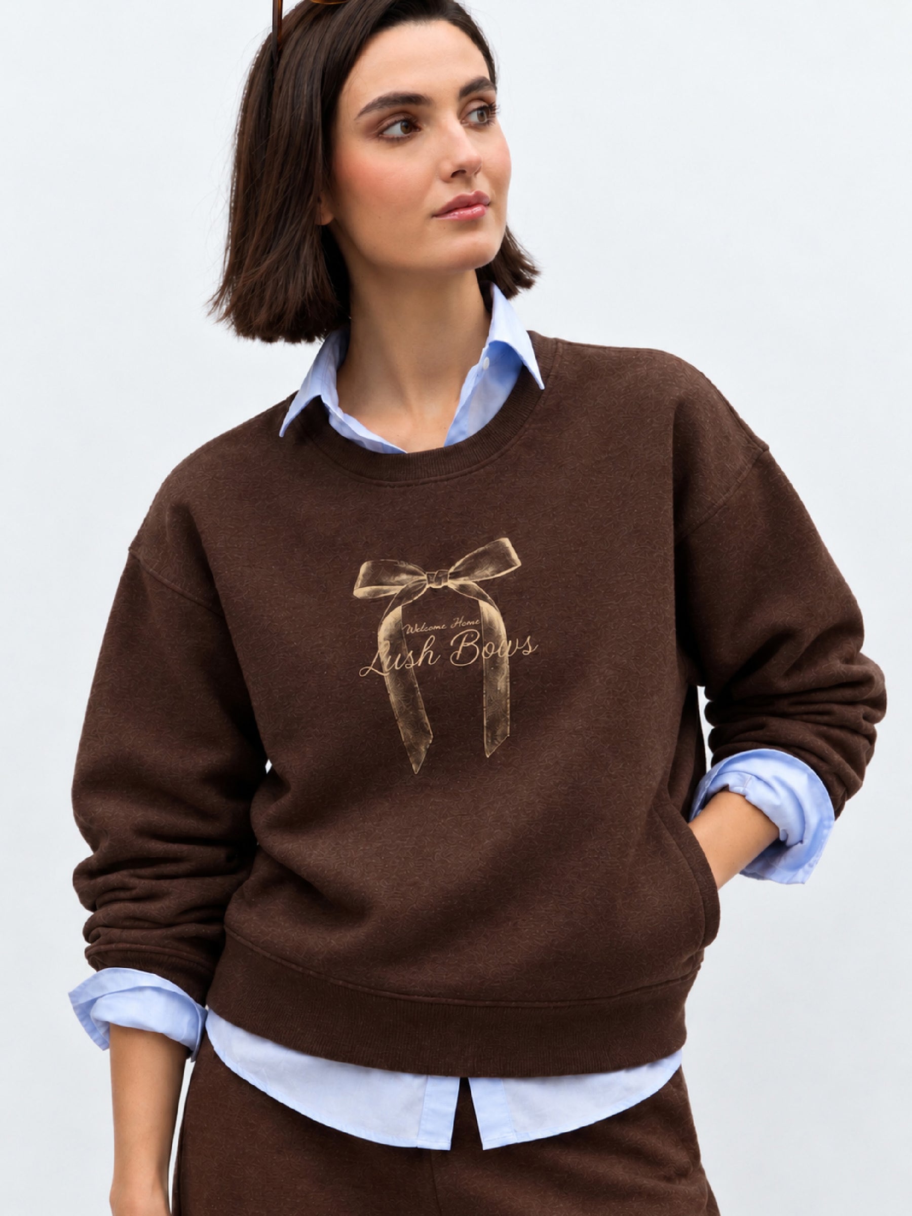 Brown Melange Fleece BOW Print Oversize Sweatshirt-SASSAFRAS