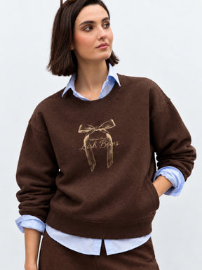 Brown Melange Fleece BOW Print Oversize Sweatshirt-SASSAFRAS