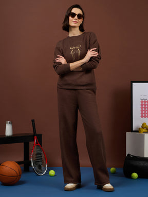 Brown Melange Fleece BOW Print Oversize Sweatshirt-SASSAFRAS