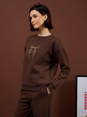 Brown Melange Fleece BOW Print Oversize Sweatshirt-SASSAFRAS